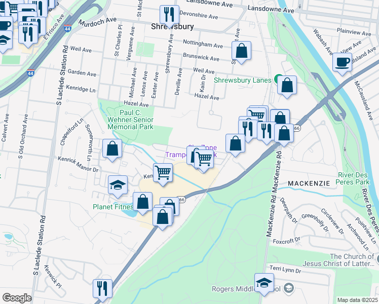 map of restaurants, bars, coffee shops, grocery stores, and more near 7400 Whitehall Colonial Lane in St. Louis
