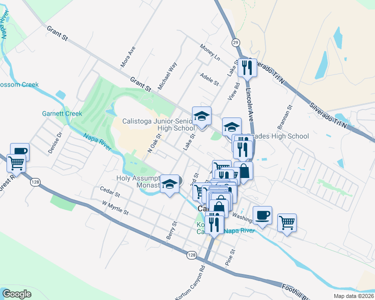map of restaurants, bars, coffee shops, grocery stores, and more near 1504 Lake Street in Calistoga