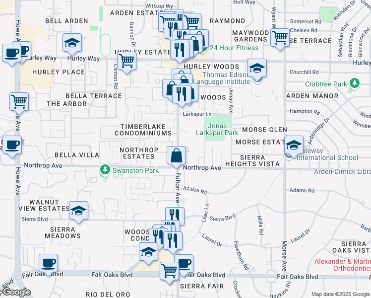 map of restaurants, bars, coffee shops, grocery stores, and more near 960 Fulton Avenue in Sacramento