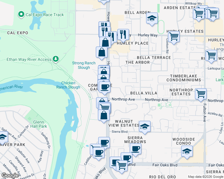 map of restaurants, bars, coffee shops, grocery stores, and more near 956 Howe Avenue in Sacramento