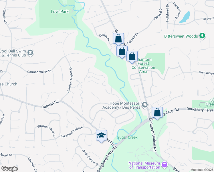 map of restaurants, bars, coffee shops, grocery stores, and more near 35 Ridgeview Circle Drive in Ballwin