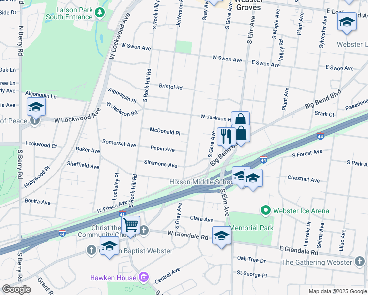 map of restaurants, bars, coffee shops, grocery stores, and more near 505 Gray Avenue in Webster Groves