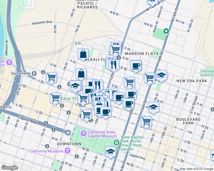 map of restaurants, bars, coffee shops, grocery stores, and more near 701 Lincoln Highway in Sacramento