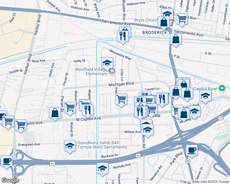 map of restaurants, bars, coffee shops, grocery stores, and more near 600 Poplar Avenue in West Sacramento