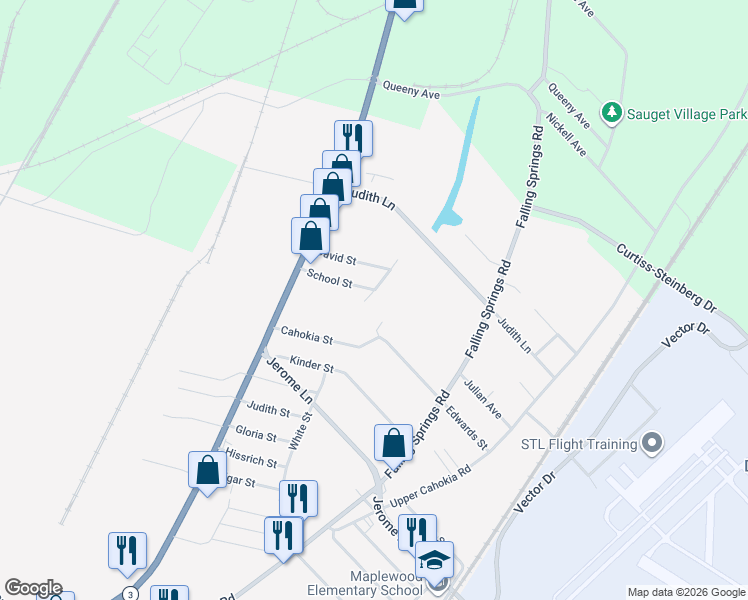 map of restaurants, bars, coffee shops, grocery stores, and more near 30 School Street in Cahokia