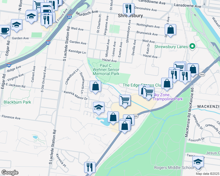 map of restaurants, bars, coffee shops, grocery stores, and more near 7507 Triwoods Drive in St. Louis