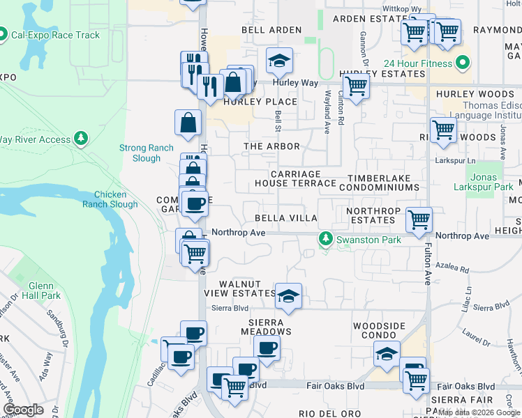 map of restaurants, bars, coffee shops, grocery stores, and more near 2217 Roselake Avenue in Sacramento