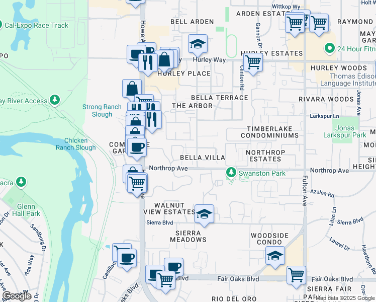 map of restaurants, bars, coffee shops, grocery stores, and more near 2212 Roselake Avenue in Sacramento
