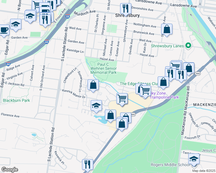 map of restaurants, bars, coffee shops, grocery stores, and more near 7507 Triwoods Drive in St. Louis