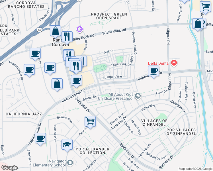 map of restaurants, bars, coffee shops, grocery stores, and more near 11016 International Drive in Rancho Cordova