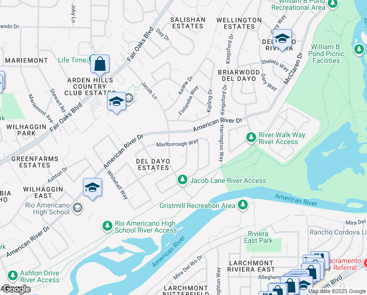 map of restaurants, bars, coffee shops, grocery stores, and more near 4818 Marlborough Way in Carmichael