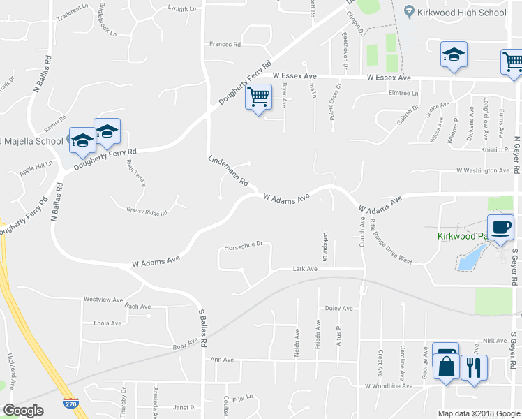 map of restaurants, bars, coffee shops, grocery stores, and more near 1398 West Adams Avenue in Kirkwood