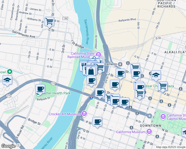 map of restaurants, bars, coffee shops, grocery stores, and more near 150 Front Street in Sacramento