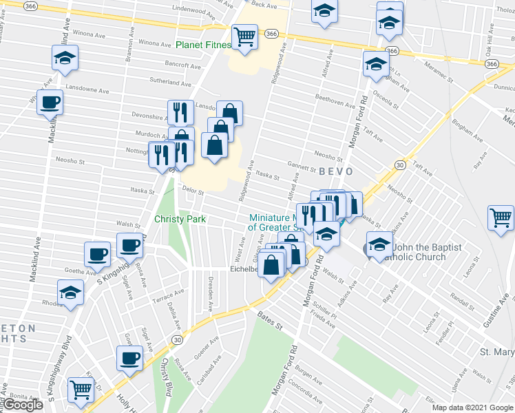 map of restaurants, bars, coffee shops, grocery stores, and more near 4449 Delor Street in St. Louis