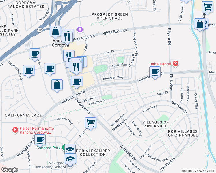 map of restaurants, bars, coffee shops, grocery stores, and more near 11024 International Drive in Rancho Cordova