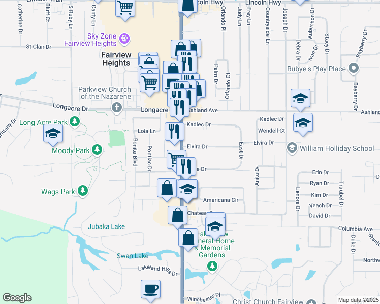 map of restaurants, bars, coffee shops, grocery stores, and more near 6 Elvira Drive in Fairview Heights