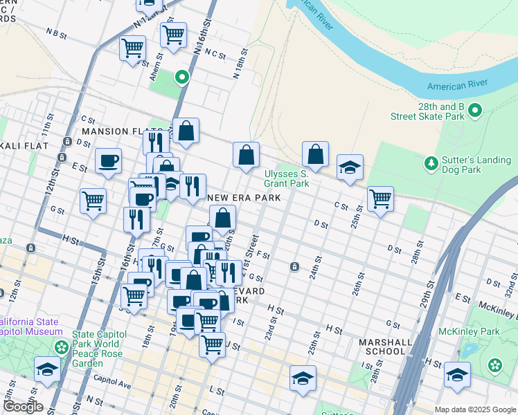 map of restaurants, bars, coffee shops, grocery stores, and more near 330 21st Street in Sacramento