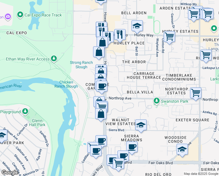 map of restaurants, bars, coffee shops, grocery stores, and more near 956 Howe Avenue in Sacramento