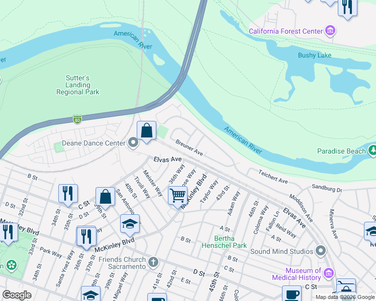 map of restaurants, bars, coffee shops, grocery stores, and more near 3903 Breuner Avenue in Sacramento