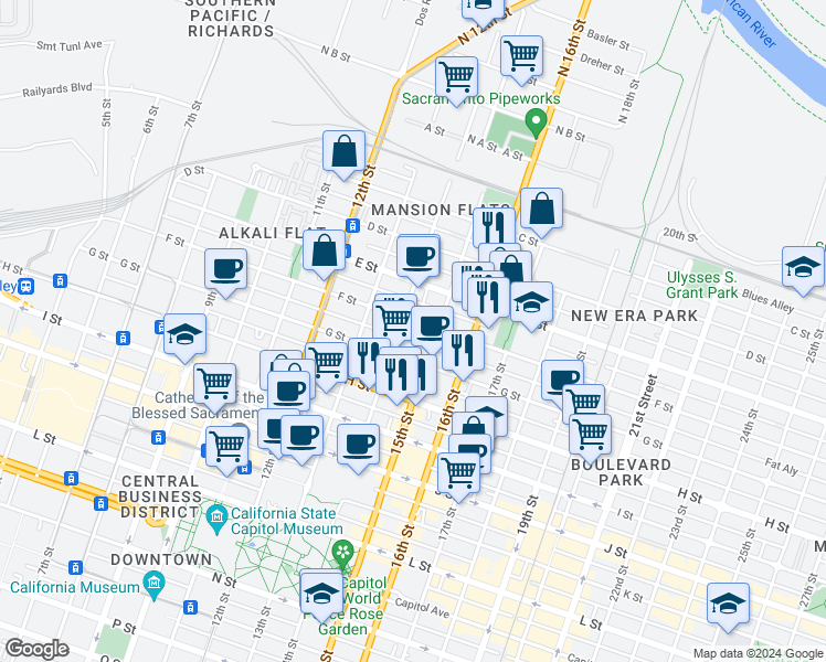 map of restaurants, bars, coffee shops, grocery stores, and more near 1423 F Street in Sacramento