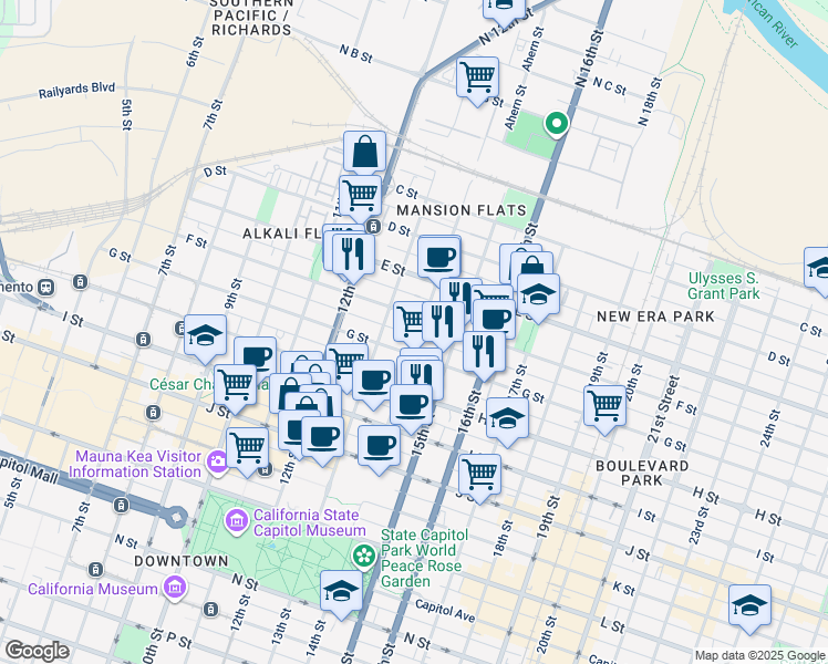 map of restaurants, bars, coffee shops, grocery stores, and more near 1322 F Street in Sacramento