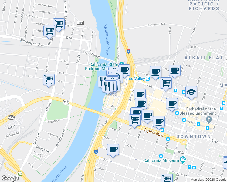map of restaurants, bars, coffee shops, grocery stores, and more near 150 Front Street in Sacramento