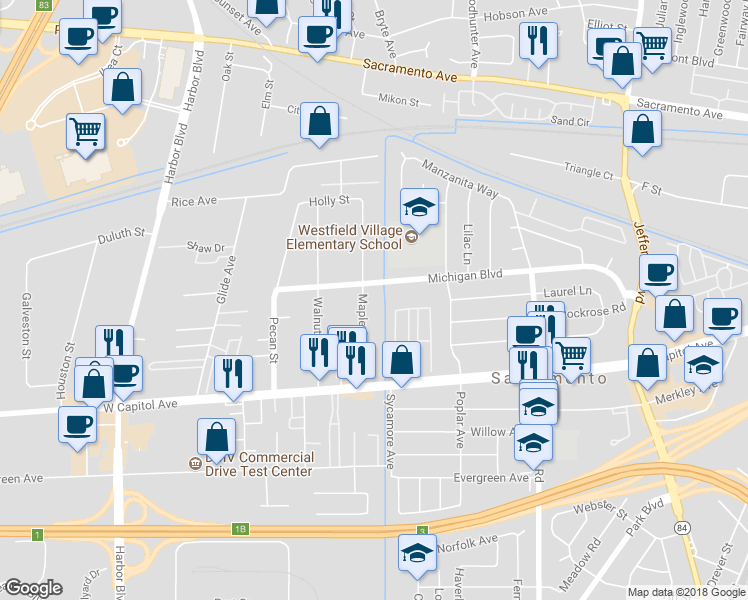 map of restaurants, bars, coffee shops, grocery stores, and more near 611 Maple Street in West Sacramento