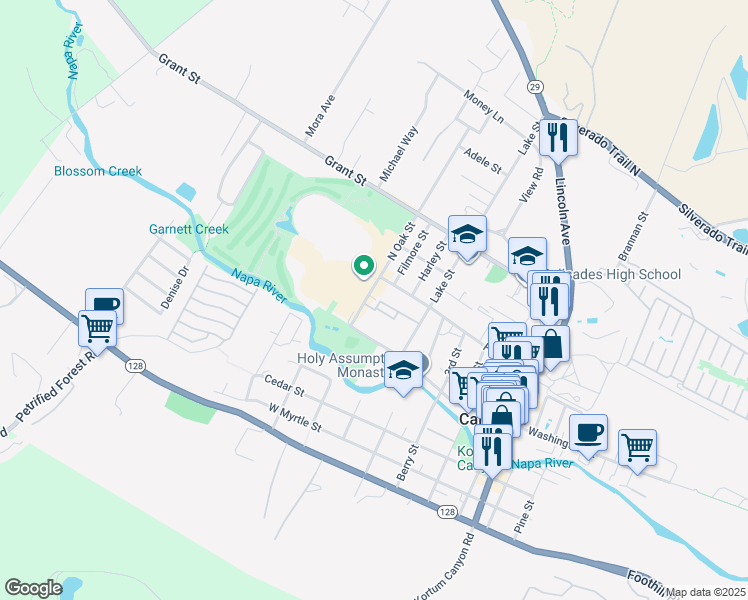 map of restaurants, bars, coffee shops, grocery stores, and more near 1465 Lake Street in Calistoga
