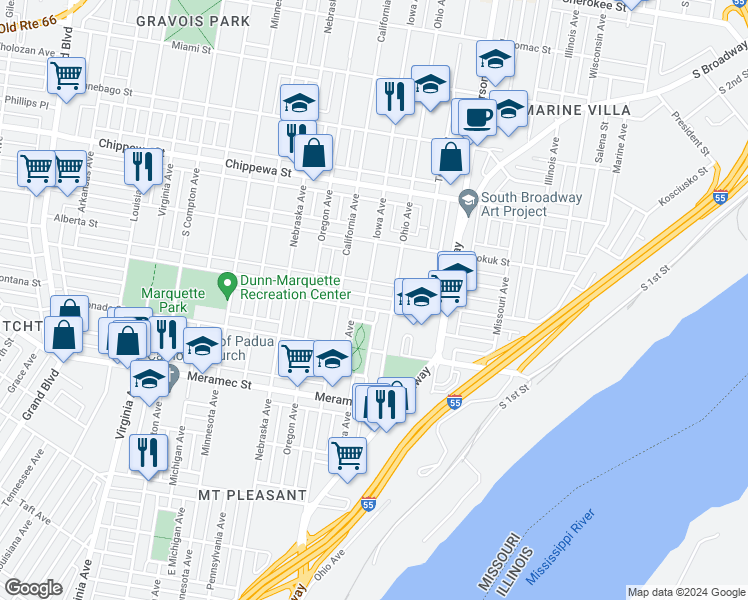 map of restaurants, bars, coffee shops, grocery stores, and more near 2725 Osage Street in St. Louis