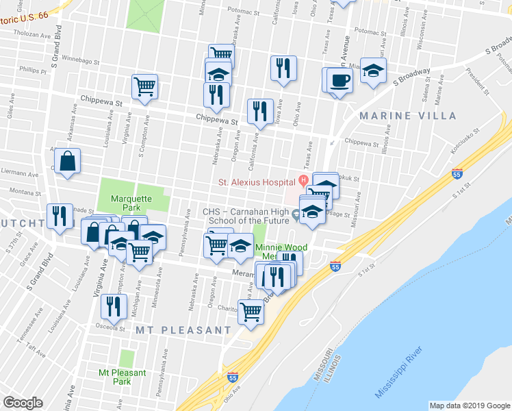 map of restaurants, bars, coffee shops, grocery stores, and more near 2725 Osage Street in St. Louis