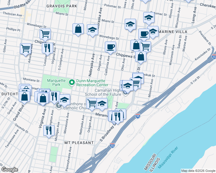 map of restaurants, bars, coffee shops, grocery stores, and more near 2725 Osage Street in St. Louis