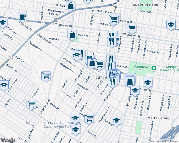 map of restaurants, bars, coffee shops, grocery stores, and more near 3824 Meramec Street in St. Louis