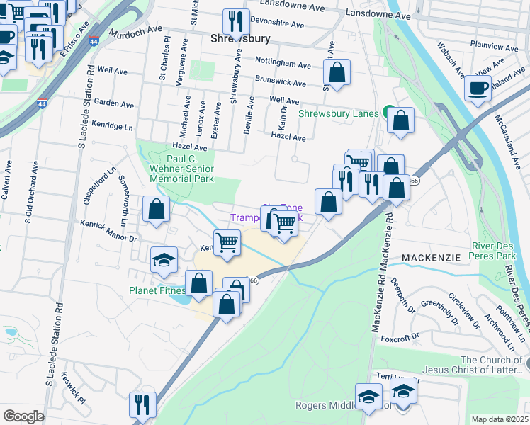 map of restaurants, bars, coffee shops, grocery stores, and more near 7400 Whitehall Colonial Lane in St. Louis