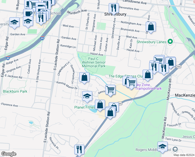 map of restaurants, bars, coffee shops, grocery stores, and more near 7507 Triwoods Drive in St. Louis