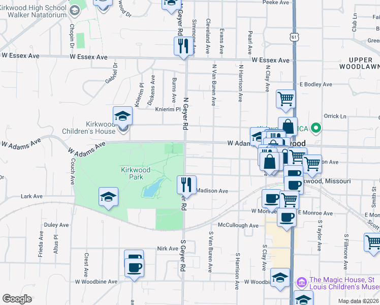 map of restaurants, bars, coffee shops, grocery stores, and more near 450 West Adams Avenue in Kirkwood