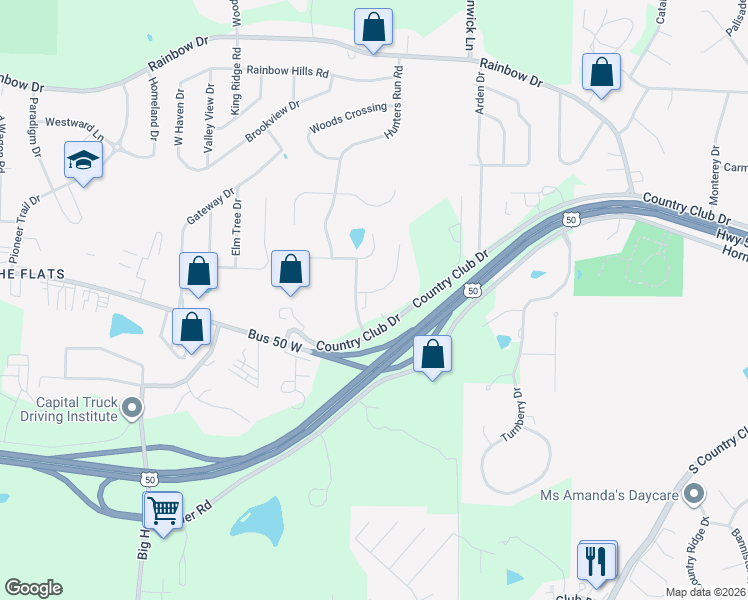 map of restaurants, bars, coffee shops, grocery stores, and more near 505 Hunters Run Road in Jefferson City