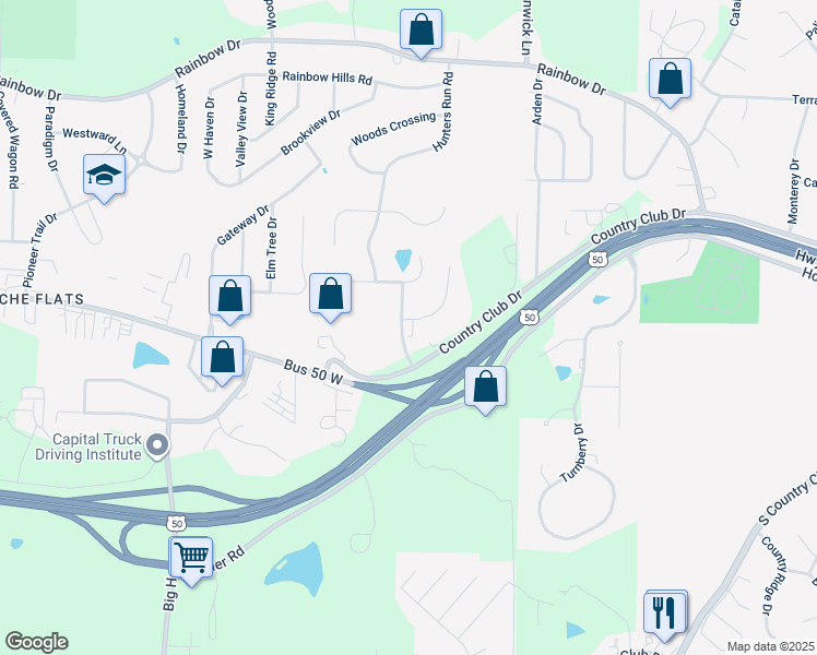 map of restaurants, bars, coffee shops, grocery stores, and more near 505 Hunters Run Road in Jefferson City
