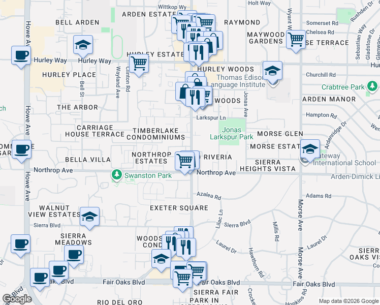 map of restaurants, bars, coffee shops, grocery stores, and more near 960 Fulton Avenue in Sacramento