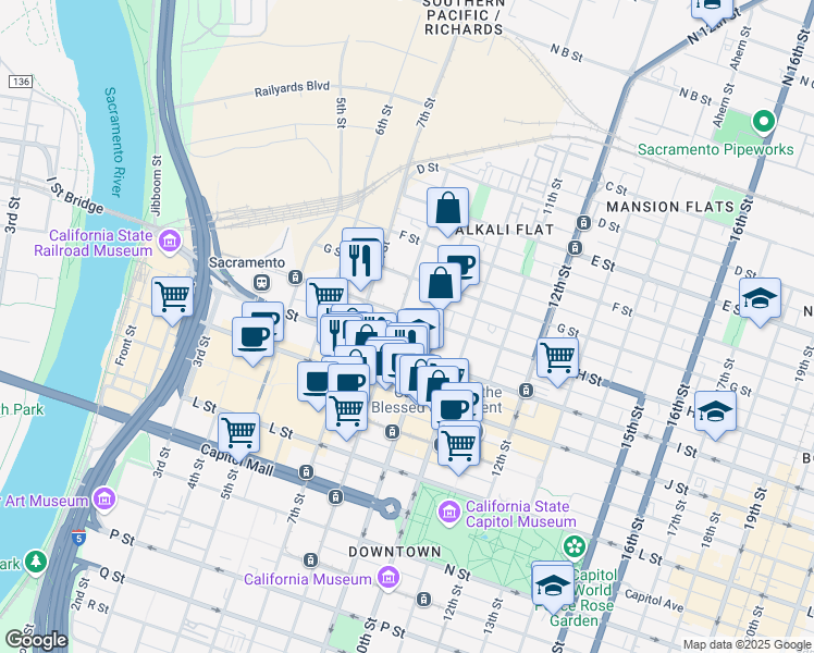 map of restaurants, bars, coffee shops, grocery stores, and more near in Sacramento