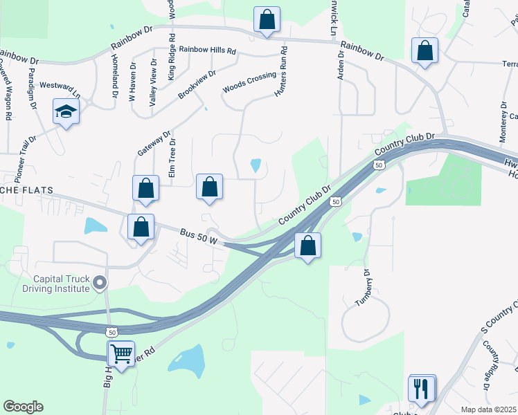 map of restaurants, bars, coffee shops, grocery stores, and more near 505 Hunters Run Road in Jefferson City