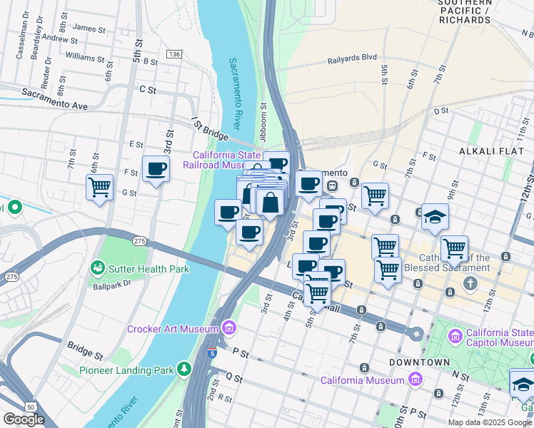 map of restaurants, bars, coffee shops, grocery stores, and more near 1002 2nd Street in Sacramento