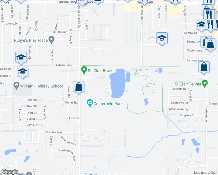 map of restaurants, bars, coffee shops, grocery stores, and more near 5710 Arrow Ridge Road in Fairview Heights