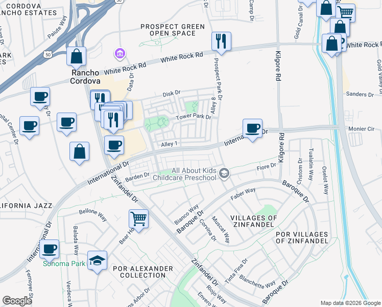 map of restaurants, bars, coffee shops, grocery stores, and more near 11056 International Drive in Rancho Cordova