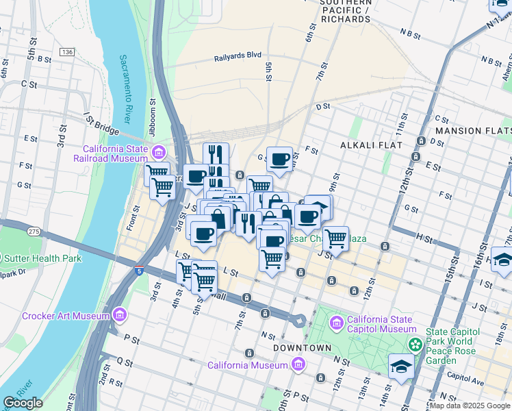 map of restaurants, bars, coffee shops, grocery stores, and more near I Street & 6th Street in Sacramento
