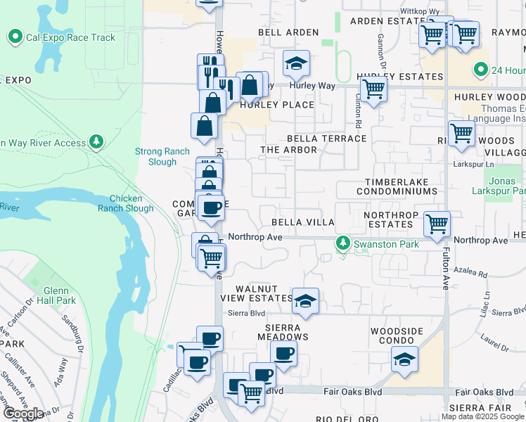 map of restaurants, bars, coffee shops, grocery stores, and more near 2255 Northrop Avenue in Sacramento