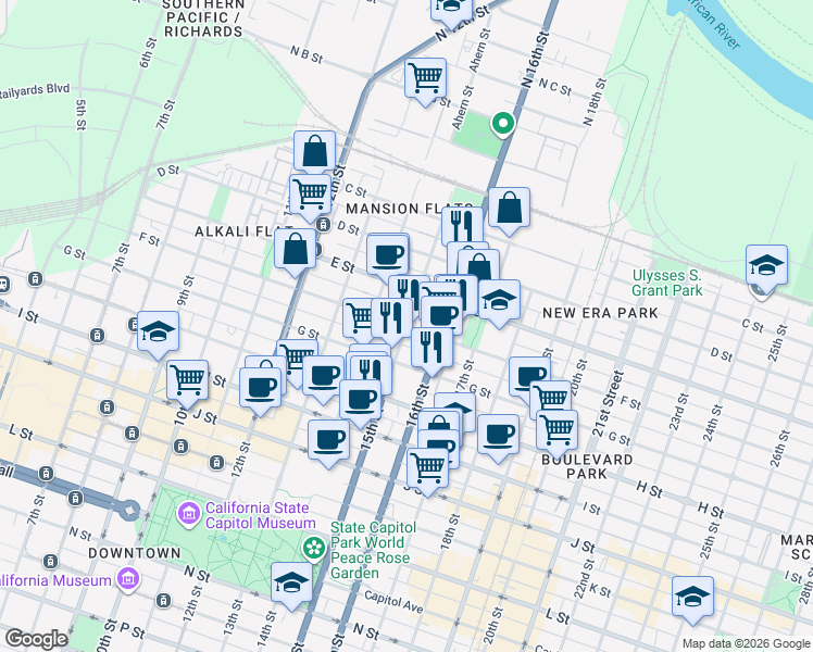 map of restaurants, bars, coffee shops, grocery stores, and more near 15th St & F St in Sacramento
