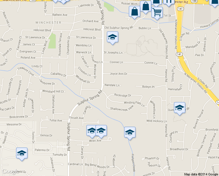 map of restaurants, bars, coffee shops, grocery stores, and more near 506 Nandale Ln in Ballwin