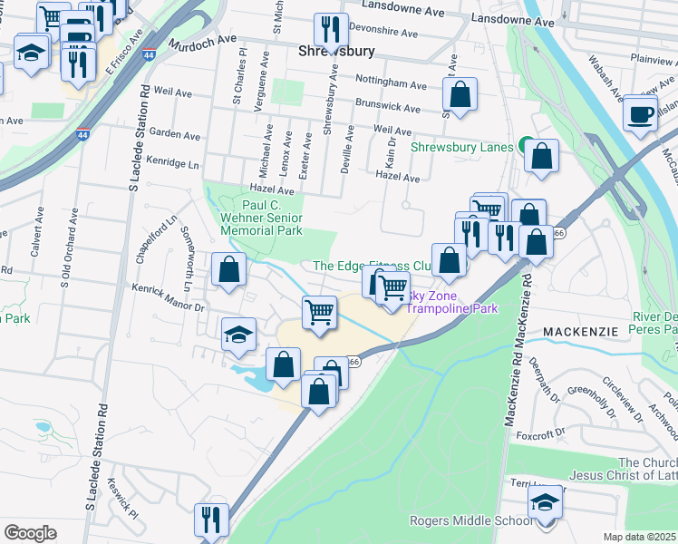 map of restaurants, bars, coffee shops, grocery stores, and more near 7442 Whitehall Colonial Lane in St. Louis