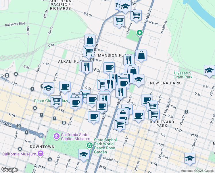 map of restaurants, bars, coffee shops, grocery stores, and more near 1410 F Street in Sacramento