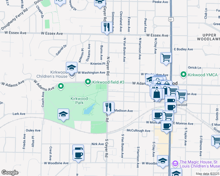 map of restaurants, bars, coffee shops, grocery stores, and more near 450 West Adams Avenue in Kirkwood